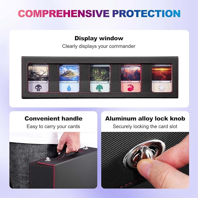 Trading Card Storage Box with Commander Display, 5 Row Magic Card Box with Handle & Aluminum Alloy Locking for 3900+ Unsleeved Cards Suits for MTG PTCG TCG Sports Cards (Black Red)