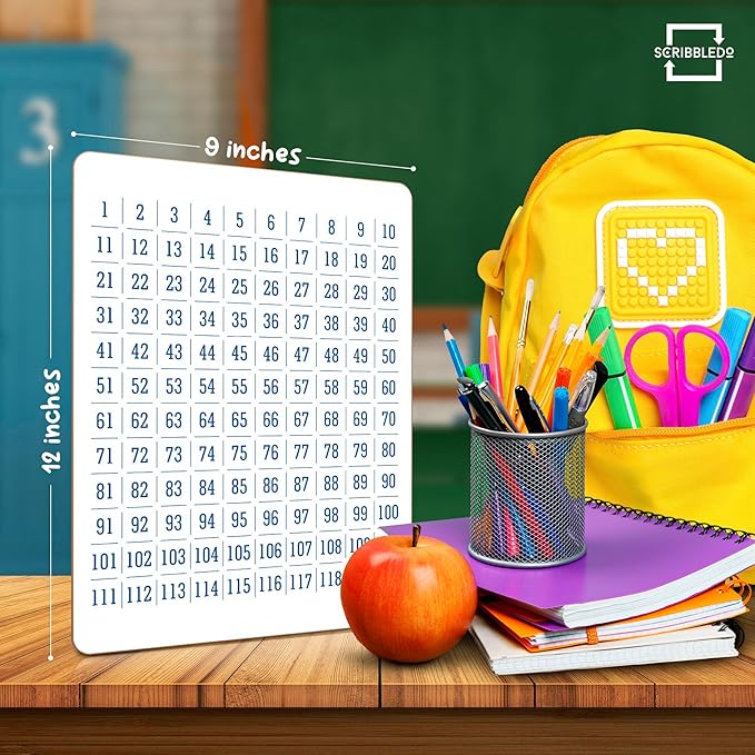 SCRIBBLEDO Dry Erase Number Chart 9”x12” White Board Teacher Student 100 Chart for First Grade Classroom Kid Small Math Practice Whiteboard Kindergarten 1st Grade School Supplies