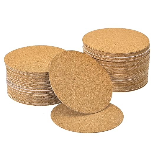 UXCELL 100 Pcs Self-Adhesive Cork Round, 3.5" x 3.5" Cork Tiles Backing Sheets for DIY Crafts, Brown