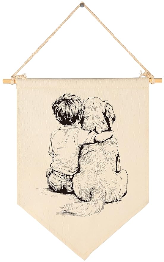 Dog Drawing-Canvas Banner Flag Pennant Poster Sign Wall Decor Gift for Baby Boy Kid Nursery Baby Room Bedroom Playroom Front Door Farmhouse Country-Birthday Christmas Gift-Boy and Goldendoodle