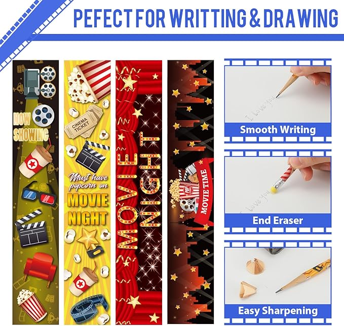 Sherr 36 Pieces Movie Night Pencils with Erasers Bulk, Wooden Colorful Pencils Bulk for Students Classroom Prize Birthday Stationery Party Favors, 4 Style