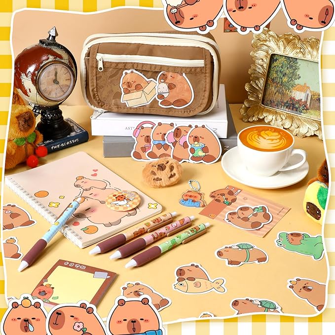 50 Pcs Capybara Gifts with Capybara Backpack and Stationery Set Valentine's Day Gifts Sticky Notes Ballpoint Pens Spiral Notebooks Brooch Pendant for Rewards Birthdays Gift