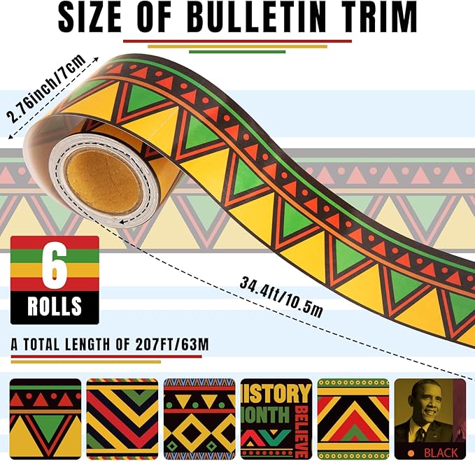 6 Rolls 206.69ft Bulletin Board Decorations Bulletin Board Borders Roll for Classroom Scalloped Trim School Borders for Back to school Theme Classroom Office Decor Supplies(Black History Month)