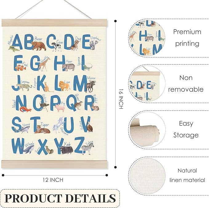 Koesus Animal Alphabet Learning Wall Art Poster Hanger Frame 12x16 Inch, ABC Alphabet Educational Canvas Pictures Prints Framed Wall Decor for Toddler Kids Room Nursery Preschool Classroom Playroom