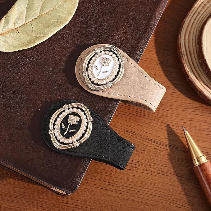 2PCS Magnetic Bookmarks with Pen Clip, Leather Bookmarks for Women, Magnetic Pen Holder Book Accessories, Gold Rose