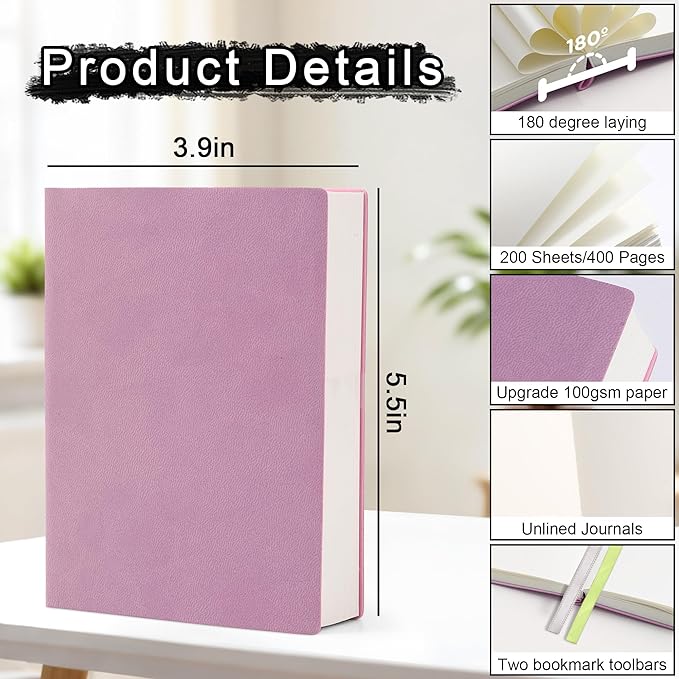 DreamDove Thick Blank Journal Notebook 400Pages Hardcover Sketch Book Notebook Blank Journal Unlined No Lines Soft Leather Cover A6 (3.9 × 5.5) Journal Leather Notepad Drawing Book Memo Writing Sketch Pad Diary Notebook (Taro Purple-400 Page)