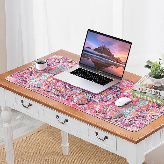iLeadon Desk Mat Set, Mouse Pad with Wrist Rest + Keyboard Wrist Rest + Large Mouse Pad + Coaster, 4in1 Rug Large Gaming Mouse Pad Set for Home Office, Boho Retro Art