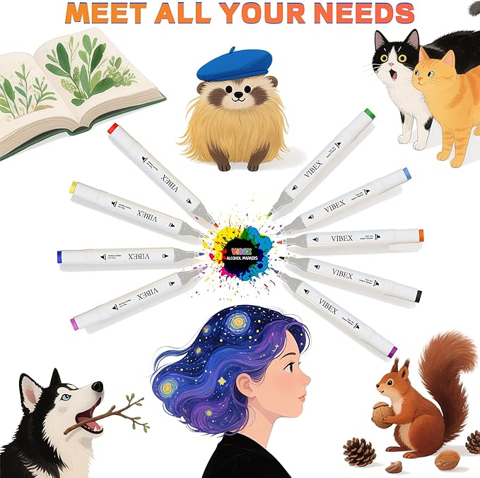 VIBEX 120 Colors Alcohol Markers with Base Dual Tip Drawing Markers for Adult and Kids Comics Coloring Sketching Illustration - Refillable (120 White)