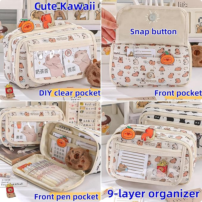 Cute Kawaii Pencil Case Pouch Cartoon Pen Box Holder Organizer for Office Workspace Supplies Desk Accessories Travel Essentials Aesthetic Trendy Cool Stuff Gift Large Capacity (White Kapibala)