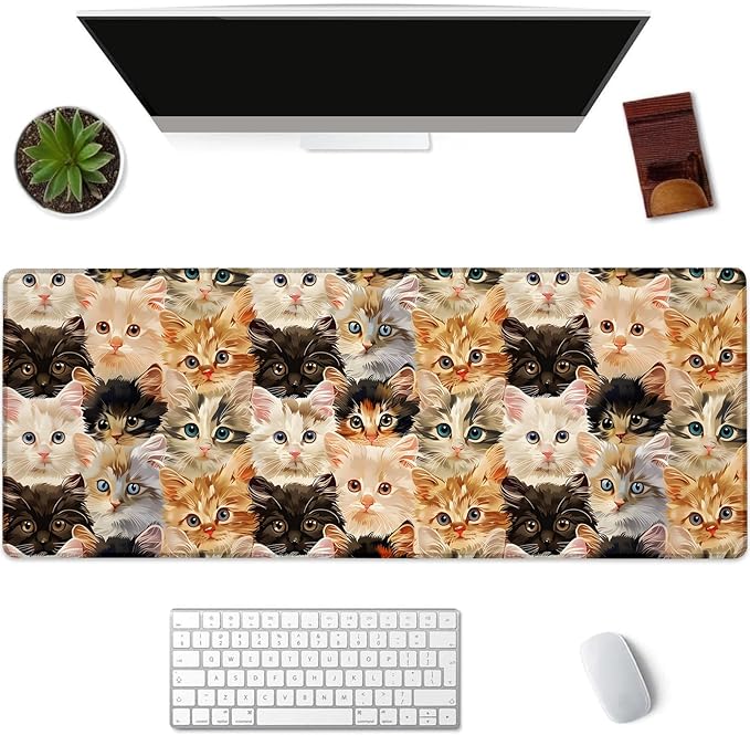 Cat Gaming Mouse Pad Extended Desk Computer Keyboard Laptop Mouse Pads for Gaming Home Office Work, Large Long Desk Mat Mousepad with Non-Slip Rubber Base 31.5×11.8inch (Cute Kitten)