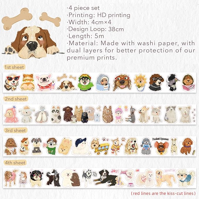 WT Tail Waggers Washi Tape Sticker Set, 4 Rolls, Original Designs, Cute Pet-Themed Decorative Tape for Scrapbooking, Journaling, Planners & DIY Crafts