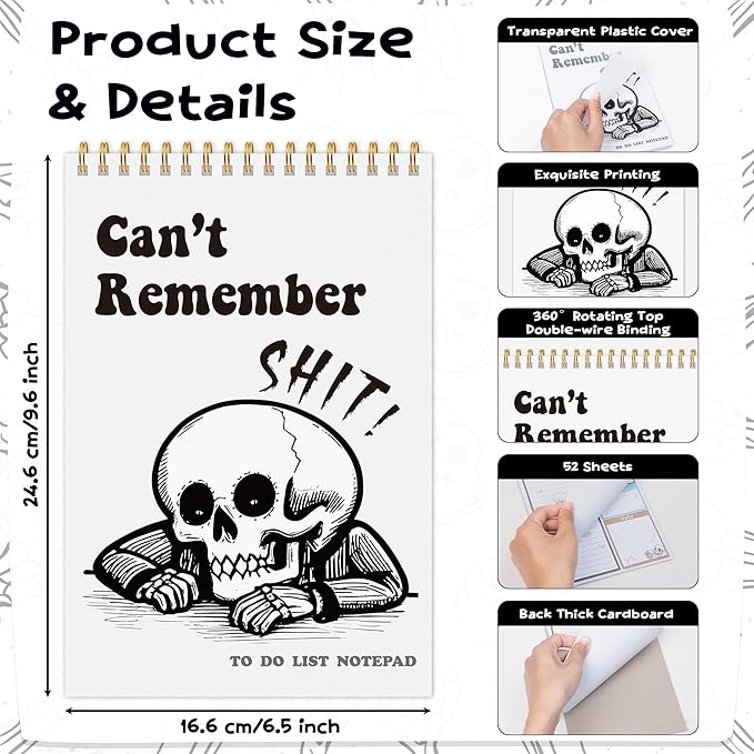 To Do List Pad - Spiral Bound Daily Tear Off Planner Notepad Undated with Checklist, 52 Sheets Vertical Design for Teachers, Office, Students, Appreciation Christmas Gifts (White Skull)