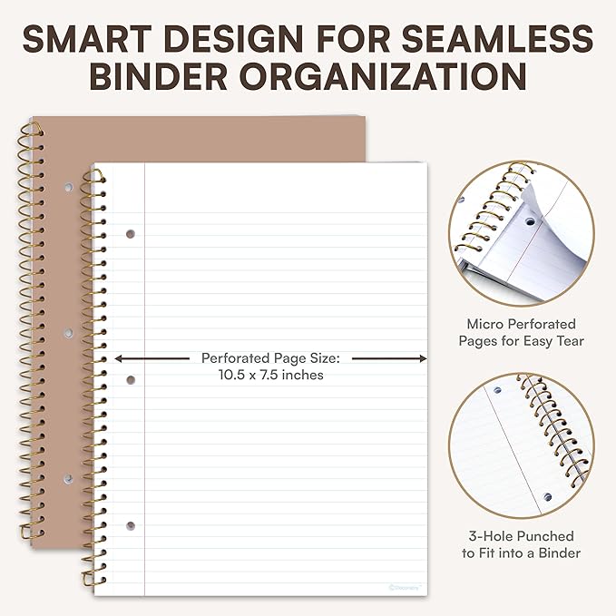 Decorably 5-Pack 140 Pages Gold Foiled Spiral Note Books College Ruled with Stickers, 8x10.5in Spiral Bound Cute College Ruled Notebook, 3-Hole Punched, Easy Tear-Off Perforated Pages - Work, School