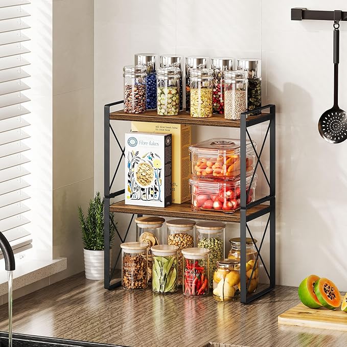 Giikin Kitchen Countertop Organizer, Set of 2 Kitchen Counter Shelf, Spice Rack Riser Shelf for Cabinet Desk Counter (7.8" D x 15.7" W x 18.8" H, Rustic Brown)