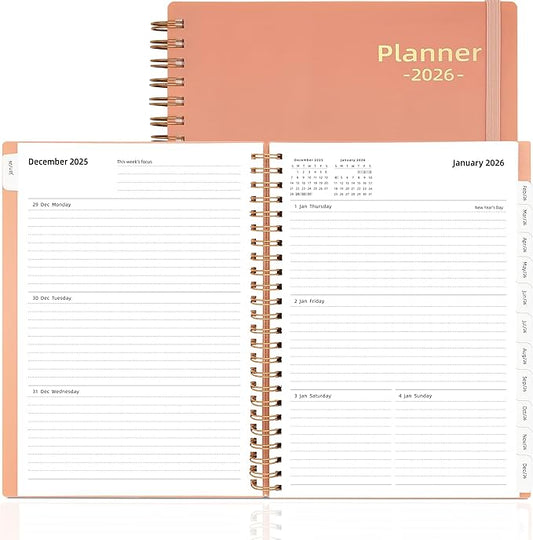 Day Planner 2026, Weekly and Monthly Planner 2026, Jan 2026-Dec 2026, 6.2" x 8.4", Calendar Daily Planner with Tabs & Pocket, 100GSM Thick Paper, Pink
