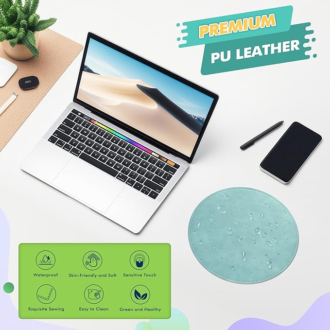 Mouse Pad，Round Mouse Pad，PU Mouse Pad，Leather Mouse Pad with Stitched Edge Micro-Fiber Base with Non-Slip Waterproof，Mouse Pad for Computers，Laptop，9 x 9 Inch (Light Blue)
