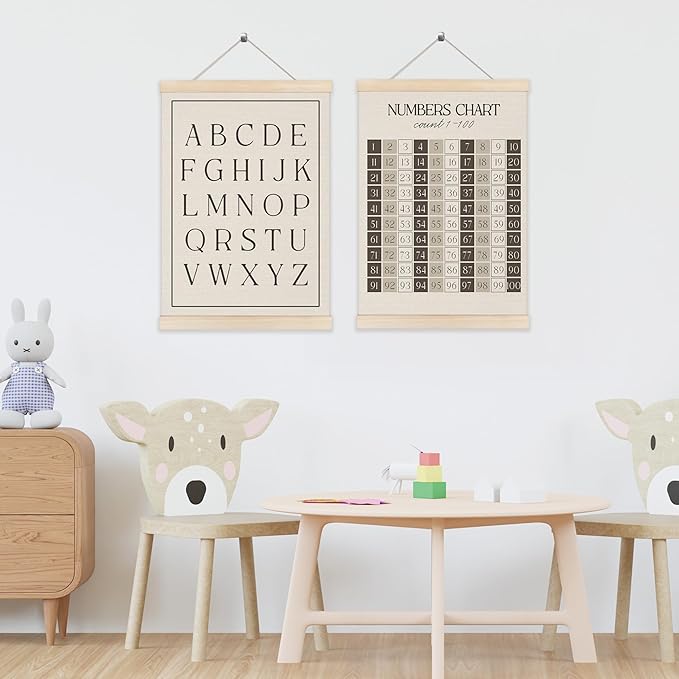 Koesus Alphabet Number Chart 1-100 Learning Wall Art Poster Hanger Frame 12x16 Inch Set of 2, Educational Canvas Pictures Prints Framed Wall Decor for Classroom Toddler Kids Room Nursery Playroom