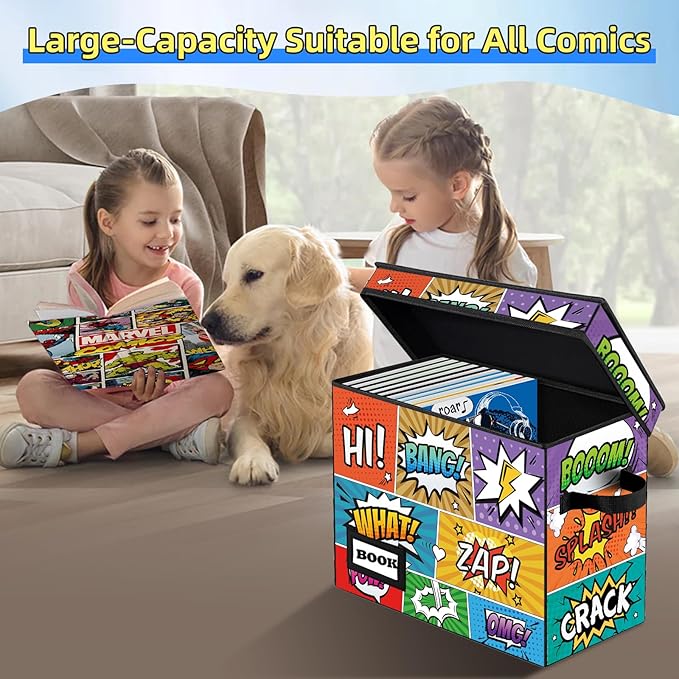 2 Pack Comic Book Storage box, Collection 15.8" X 7.8" X 11.8", Collapsible Holds 160-180 Comic Book Short Box Organizer Container Holder Shelf(Cartoon Colorful)