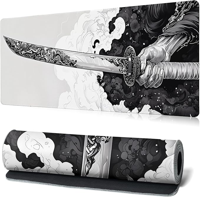 Katana Gaming Mouse Pad 31.5x11.8 Inch Large Black Long Extended Pads Big Mousepad Large Non-Slip Rubber Base Waterproof Big Keyboard Mat with Stitched Edges for PC Computer Laptop and Office