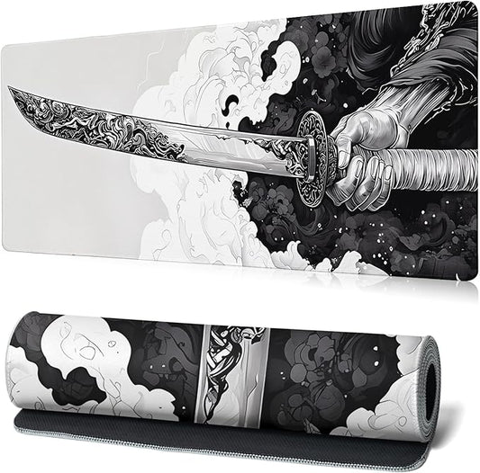 Katana Gaming Mouse Pad 31.5x11.8 Inch Large Black Long Extended Pads Big Mousepad Large Non-Slip Rubber Base Waterproof Big Keyboard Mat with Stitched Edges for PC Computer Laptop and Office