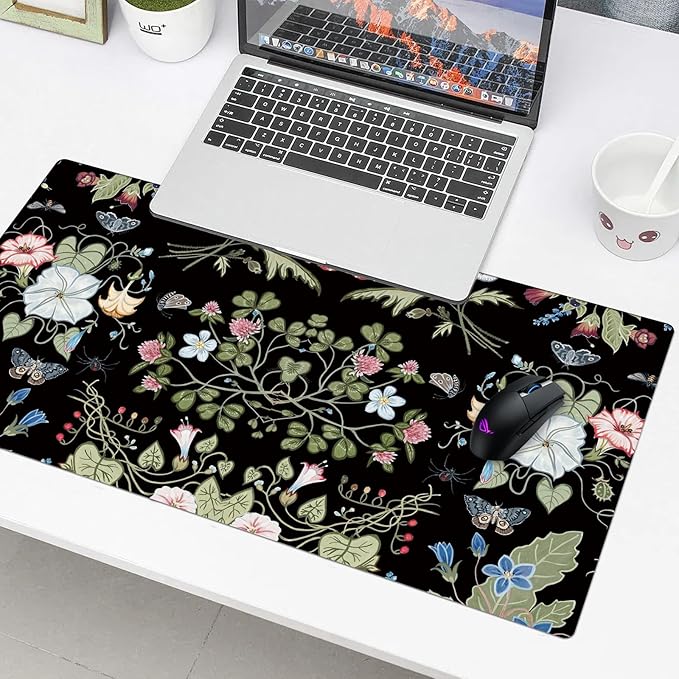 Morning Glory Flower Desk Protector, Stitched Edges Mouse Pad, Large Office Mat, Non-Slip Blotter, Laptop Writing Pad for Office and Home (31.5" x 15.7")