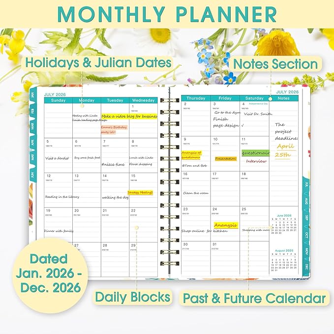 Ymumuda 2026 Planner, Daily Weekly and Monthly Planner，Jan 2026 - Dec 2026, 8.4" x 6.3", 2026 Calendar Planner Book with Tabs, Spiral Notebook with Inner Pocket for Office Home School Supplies