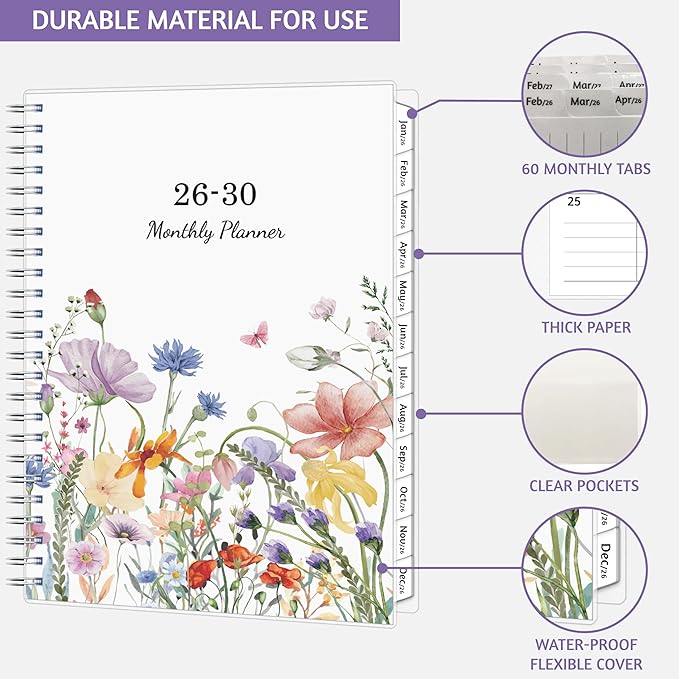 Monthly Planner 2026-2030, 5-Year Calendar Planner 2026-2030, Jan 2026 – Dec 2030, 6.2 x 8.4 In, Ruled Spread, Flexible Cover, Spiral Wirebound, Pocket, 60 Coated Monthly Tabs, Notes ＆ Habit Tracker