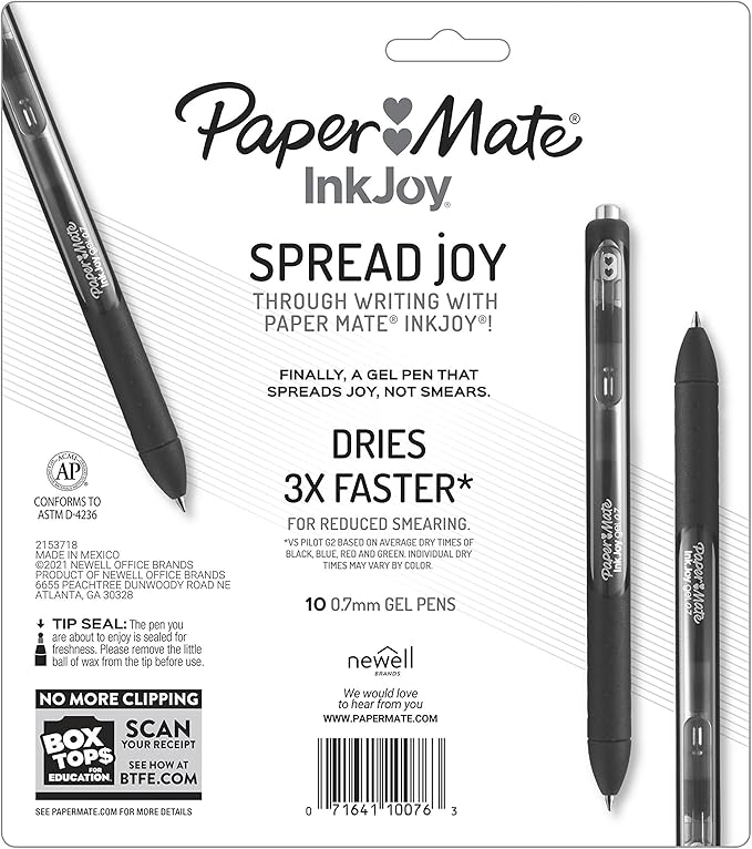 Paper Mate InkJoy Black Gel Pens Medium Point (0.7 mm) Comfort Grip 10 Count Fast Dry Ink Ideal for Smooth Writing