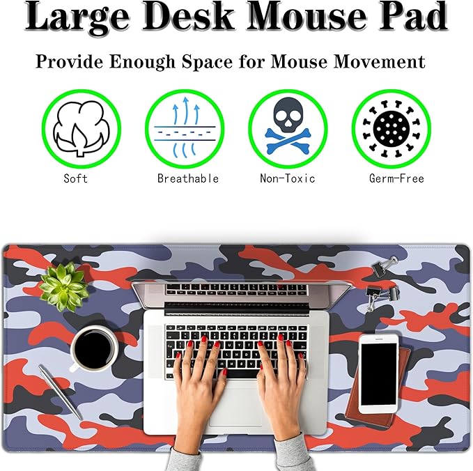 Keyboard Mouse Pad Blue Home Office Desk Pad Large Mousepads Computer Mat Keyboard Desk Mat Waterproof Non-Slip Rubber Base 35.4" X 15.7" for Game Office, Camouflage with Red Spots
