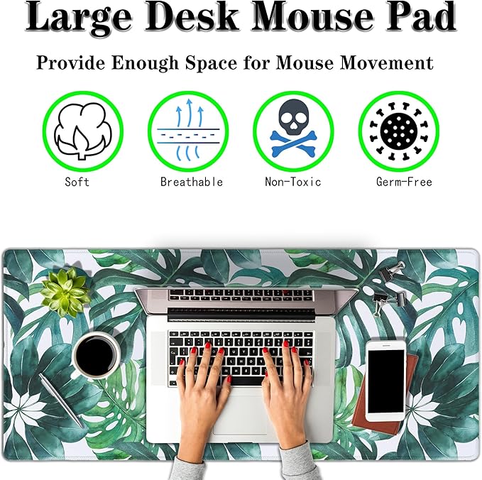 Large Mouse Pad Green Desktop Mat, Gaming Mouse Pads Computer Mats, Full Desk Mat Waterproof Non-Slip Rubber Base, 35.4 X 15.7 inch for Work/Game/Office/Home Watercolor Tropical Leaves Art