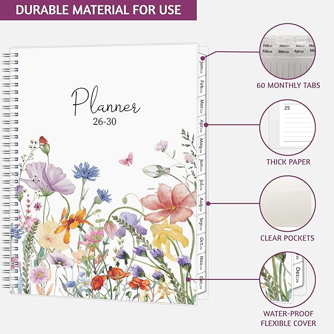 Monthly Planner 2026-2030, 5-Year Calendar Planner 2026-2030, Jan 2026 – Dec 2030, 8.5 x 11 In, Ruled Spread, Flexible Cover, Spiral Wirebound, Pocket, 60 Coated Monthly Tabs, Notes ＆ Habit Tracker, A4 Planner, Watercolor