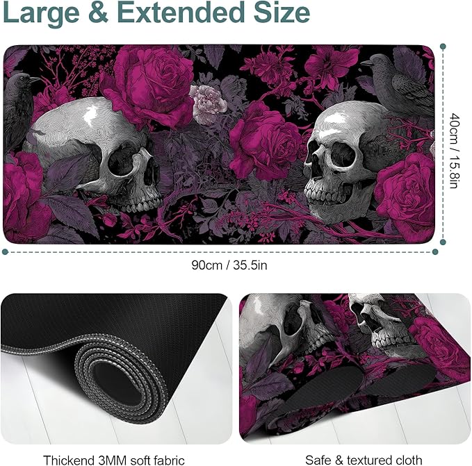 Skull and Roses XXL Extended Gaming Mouse Pad 35.4 x 15.7 Inch – Large Gothic Desk Mat with Non-Slip Rubber Base, Smooth Cloth Surface, Stitched Edges