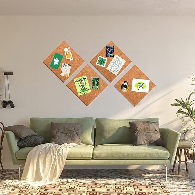 SUNGIFT Cork Board 12"x12" -12 Pack Bulletin Boards 1/4" Thick Square Decorative Cork Tiles with 100 PCS Push Pins Double-Sided Adhesive Corkboards Tiles for Wall Office