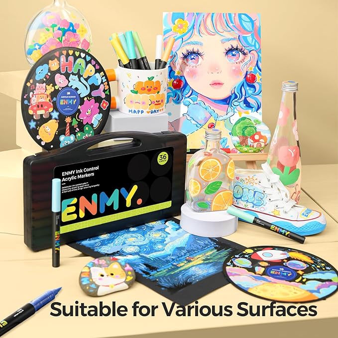 ENMY 60 Colors Acrylic Paint Markers, Direct Liquid Acrylic Paint Marker Pen, Fabric Markers for Textile, Canvas, Rock, Glass, Wood, Paper, DIY, Acrylic Coloring Pens for DIY Craft Supplies