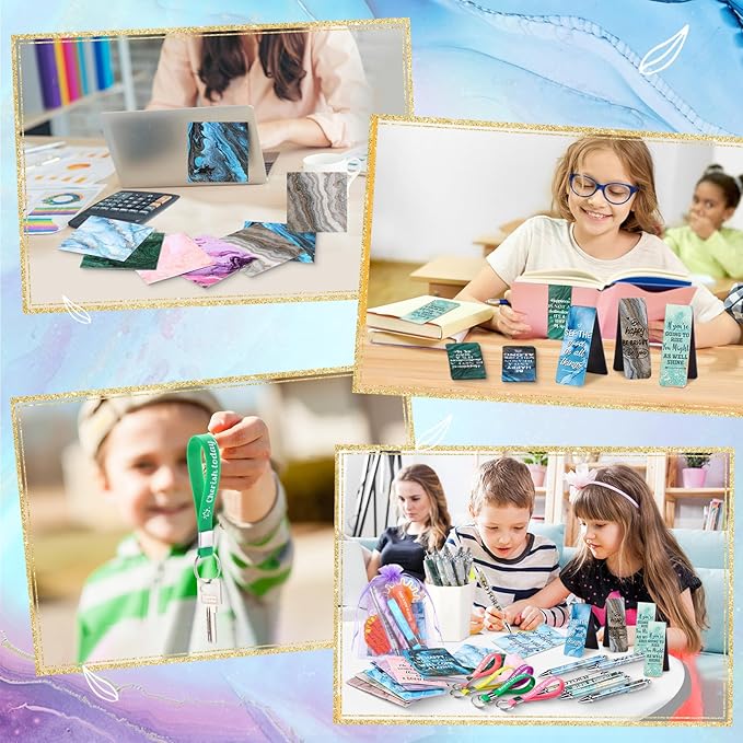 Pasimy 218 Pcs Inspirational Stationery Gifts Motivational Mini Notepad Pen Quote Bookmarks Stress Relief Stickers Inspiring Silicone Keychains for Home Office Appreciation Gift(Marble)