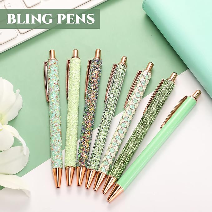 Sherr 7 Pcs Fancy Pens for Women Cute Sparkly Glitter Pens with 10 Pcs Black Ink Refills Pretty Gifts for Girls Office School Christmas Graduation(Fresh)