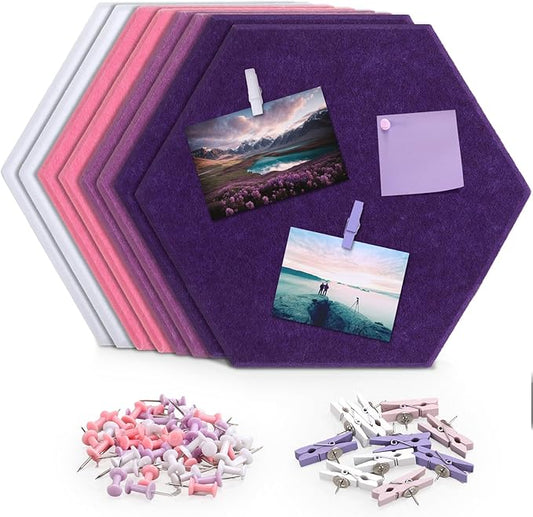 8 Pcs 12" Large Hexagon Felt Cork Board Tiles Self Adhesive DIY Bulletin Board Pin for Office Home Wall Decor Stickers Memos Photos Display with 10 Multi-Color Clip Drawing Pins(Pink)