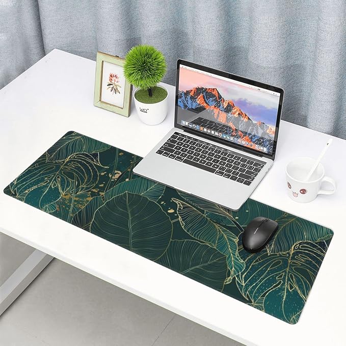 Tropical Monstera Leaves Gold Green XXL XL Large Gaming Mouse Pad for Desk, Non-Slip Long Extended Keyboard Pads Mousepad Rubber Table Mat 31.5 X 11.8 Inch