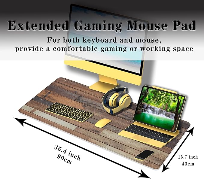 Computer Desk Pad, Gaming Mouse Pad Large Mousepad, The Mousepad Non-Slip Rubber Base Waterproof with Stitched Edges, 35.4 X 15.7 inch for Work/Game/Office/Home Old Wood Plank Background