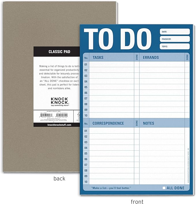1-Count Knock Knock To Do Pad, To Do List Note Pad for Daily Tasks, Errands, Notes, 6 x 9-inches (Blue)