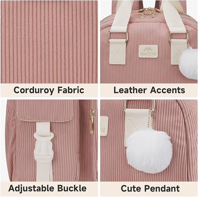 MATEIN Laptop Backpack for Women, Cute Corduroy Computer Backpack with USB Charging Port & Water Bottle Holder, TSA Lightweight Aesthetic Bag Work Business Backpack College Teacher Bags, Pink
