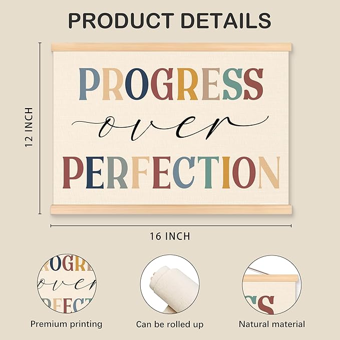 ROXMART Boho Mental Health Poster Hanger Frame, Motivational Wall Decor, Progress Over Perfection Positive Affirmation Wall Art Prints Decor for Therapy Office Classroom, 12x16 Inch
