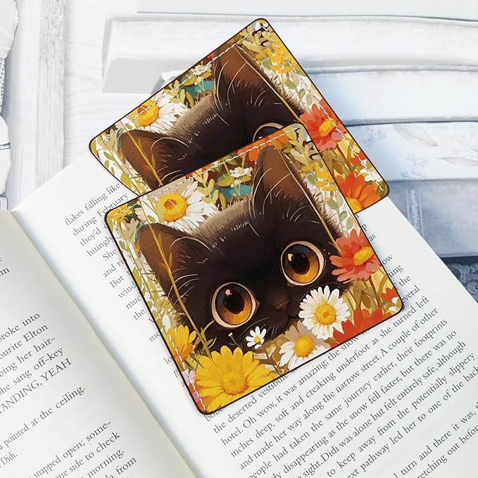 2 Pack Cat Hiding in The Flowers Leather Book Corner Bookmark, Durable Handmade Reading Accessories - Gifts for Readers, Women, Men, Teachers, Students 3