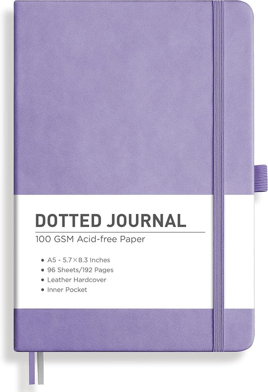 RETTACY Dotted Journal Notebook, 192 Pages, A5 Medium Size (5.7'' x 8.3''), Leather Hardcover, 100 GSM Thick Paper, for Bullet Journaling, Planning, Tracking (Purple)