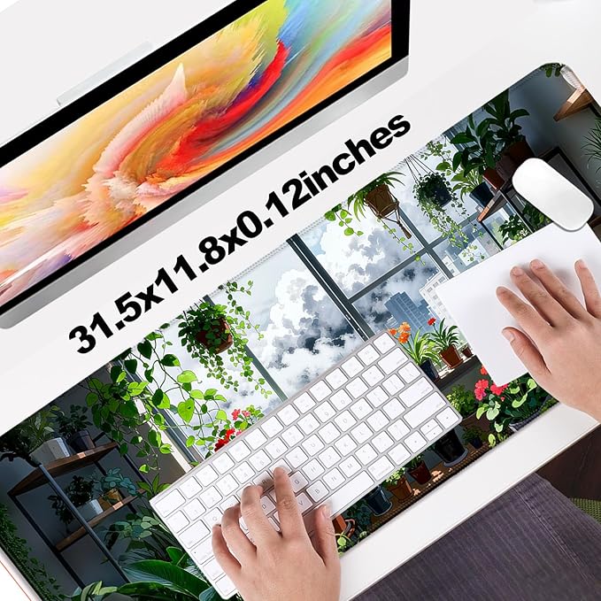 Japanese Anime Cute Cat XL Large Desk Mat, Extended Long Green Plant Desk Pad for Gaming and Office, Non-Slip Rubber Base, Comfortable Surface Kawaii Mouse Pad, 31.5x11.8 in (H13)