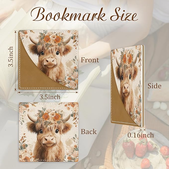 Cute Highland Cow Corner Bookmarks, Funny Leather Book Accessories for Book Lovers, 3 Pcs Reading Book Page Markers for Women Men Student Teacher Retirement Birthday Gifts