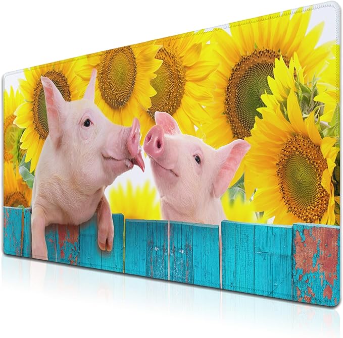 Keyboard Mat Yellow Blue Long Mouse Pad, Computer Mat Large Desk Pads, Big Desk Mat Non-Slip Rubber Base, 35.4 X 15.7 inch for Work/Game/Office/Home Funny Pig Hanging on A Fence. Studio Photo.