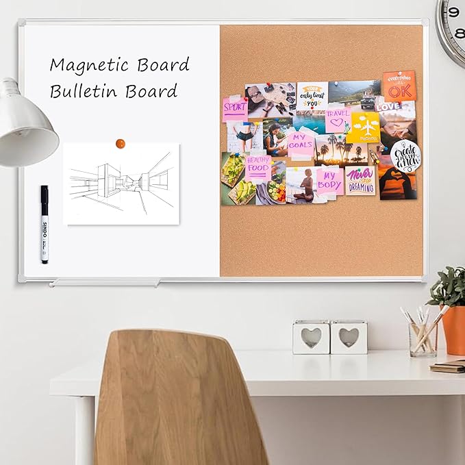 Cork Bulletin Board, 48 X 32 Inches White Magnetic Dry Erase Board, Large Wall Mounted Message Vision Notice Memo Pin Board for Office, Home and School