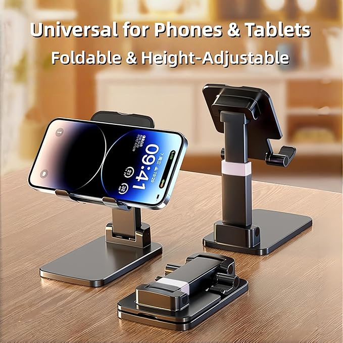 Foldable & Height Adjustable Phone Stand for Desk, Super Stable Cell Phone Holder, Universal for iPhone/iPad/Tablets, Portable Pocket-Sized Stand for Home Office Kitchen - Purple