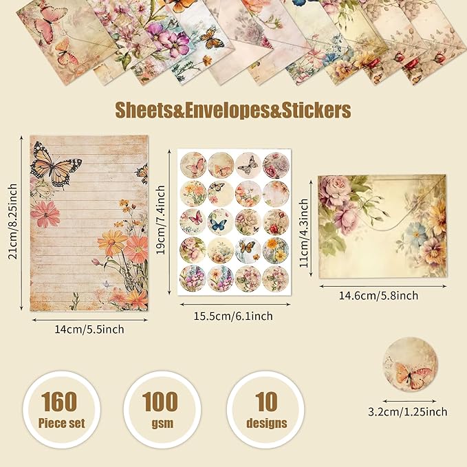 160 Pcs Stationery Paper Set, Nature Vintage Floral Butterfly 50 Stationary Paper 50 Envelopes 60 Round Dot Sticker